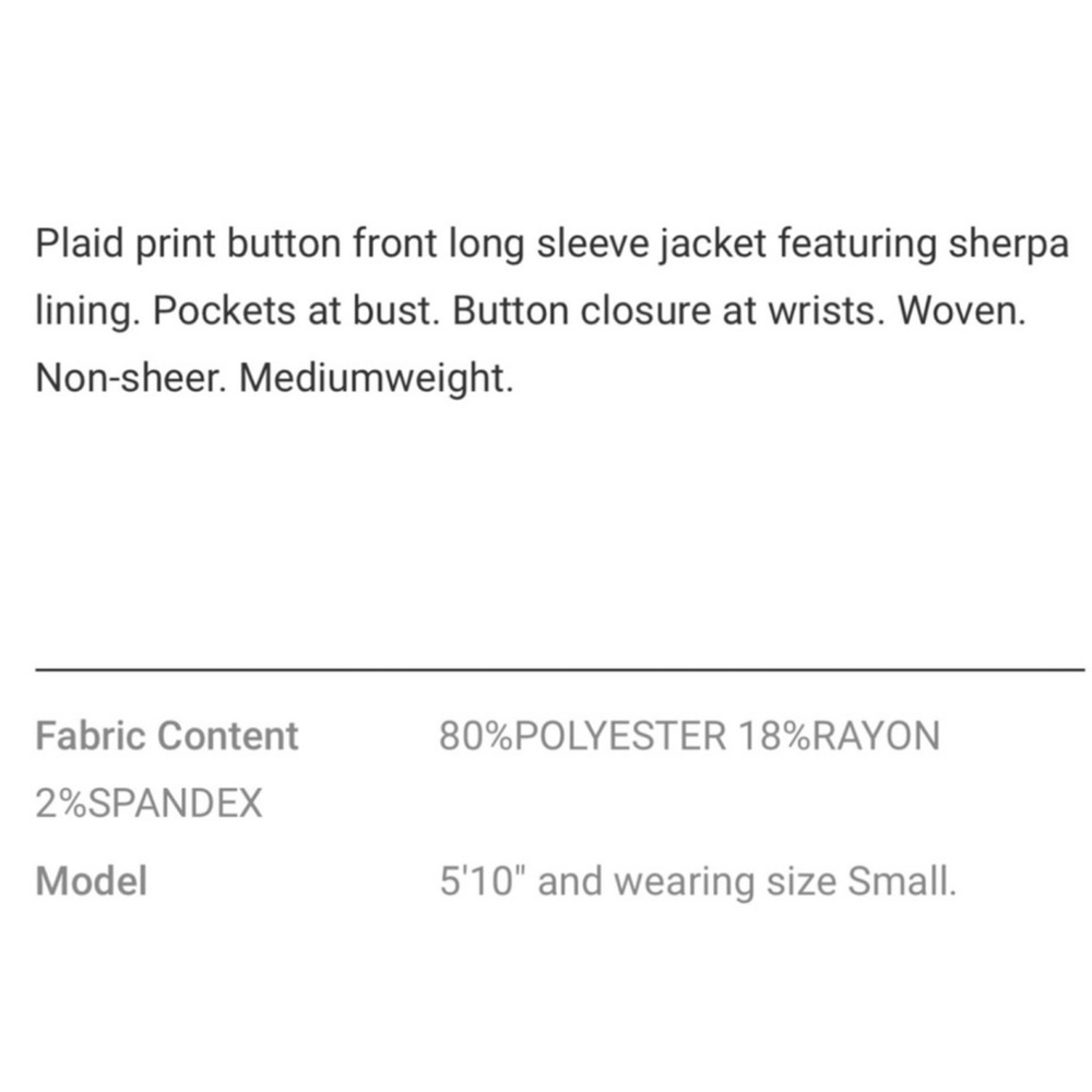 107-3 Entro Micro Plaid Print Button Front Jacket with Sherpa Lining - Picture 9 of 9